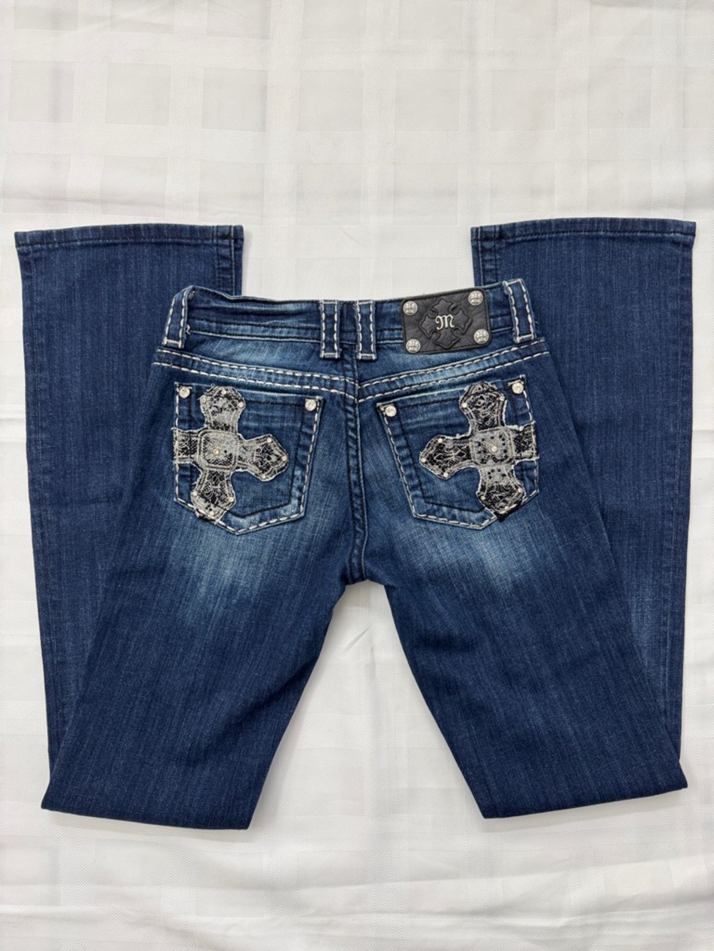 Miss Me Blue Low Rise Bootcut Jeans with Cross Pocket Embellishments